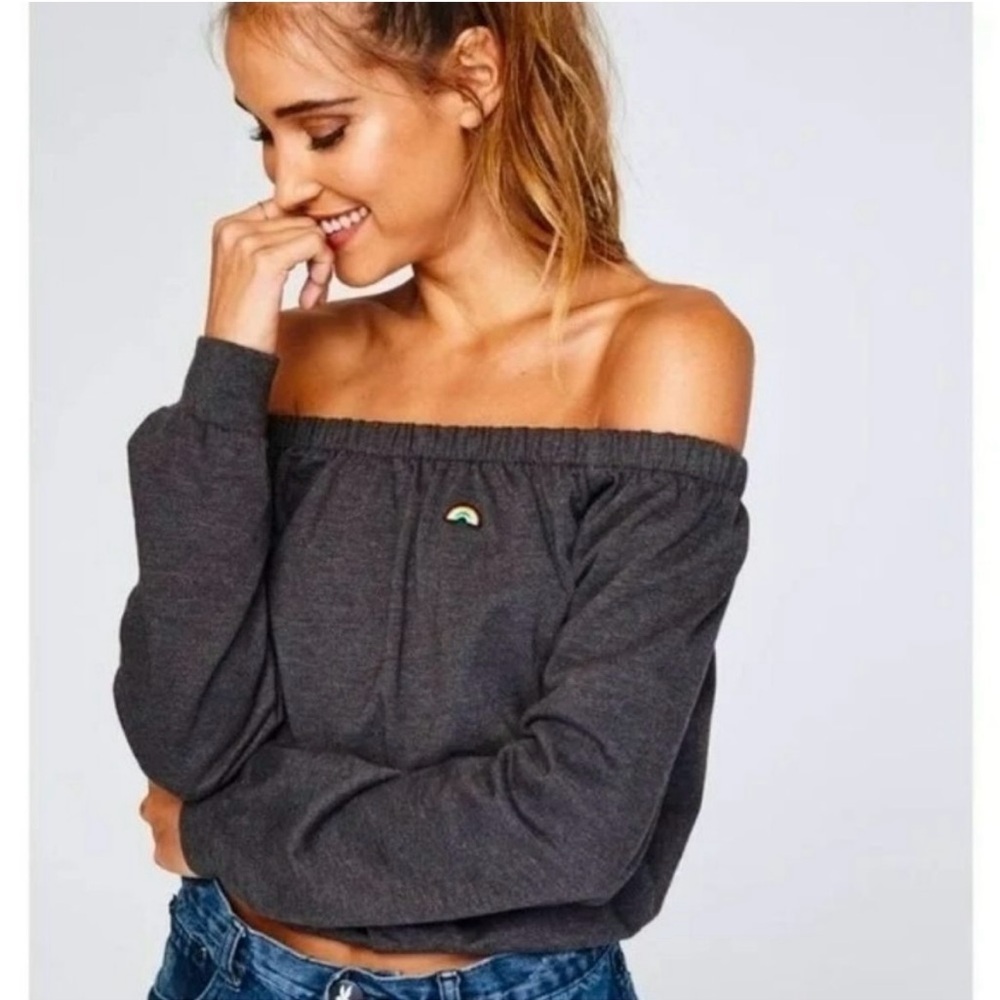 SPIRITUAL GANGSTER SHIRT MEDIUM GRAY RAINBOW PATCH OFF THE SHOULDER LONG SLEEVE